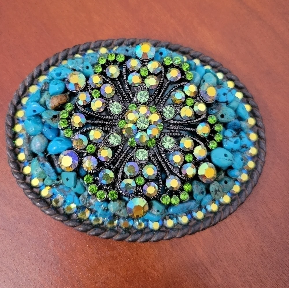 Whimsical Originals Rhinestone and Turquoise Belt Buckle Artisan Made